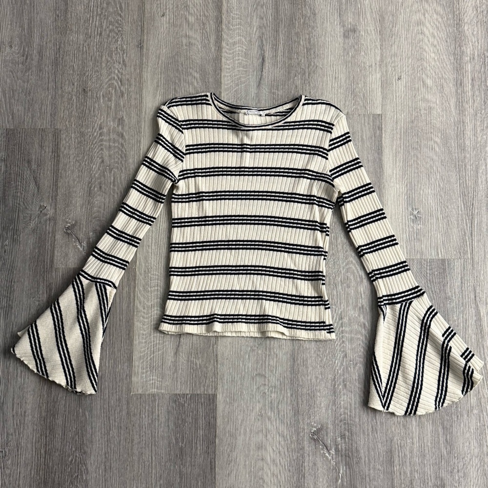 Zara Cream and Black Striped Flare Sleeve Top